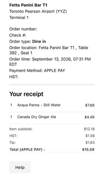 消费者评论 - 食品安全 Fetta Panini Bar, Toronto Pearson International Airport (YYZ), Silver Dart Drive, Mississauga, ON, C... 照片 #2