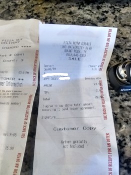 Consumer Review - Food Safety Pizza Hut, University Boulevard, Round Rock, Texas, USA All 4 of us still sick on 6/9 after ordering... photo #2