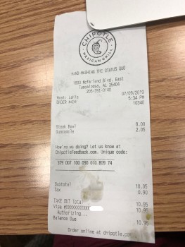 Consumer Review - Food Safety Chipotle Mexican Grill, McFarland Boulevard East, Tuscaloosa, AL, USA I ordered at 5:34 PM on 07/09/... photo #1