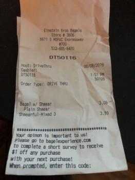 Reseña del consumidor - Seguridad alimentaria Einstein Bros. Bagels, 6611 S MoPac Expy, Austin, TX 78749, USA I've eaten at this location at least... foto #2