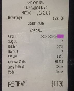 Consumer Review - Food Safety Cho Cho San, Balboa Boulevard, Encino, CA, USA My sister and I had a large meal there on Sunday, Oct... photo #2