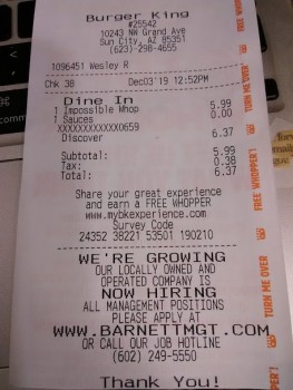 Avis du consommateur - Sécurité alimentaire Burger King, Grand Avenue, Sun City, AZ, USA ate an Impossible Burger, ate it at 1:00 and rumbling s... photo #2