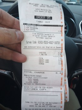 Consumer Review - Food Safety Burger King, Inside Walmart, 34500 Monterey Avenue, Palm Desert, CA, USA An employee at messed up th... photo #1