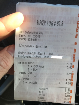 Consumer Review - Food Safety Burger King, Colonades Way, Cary, NC, USA Impossible Burger Ive had the Impossible Burger three time... photo #2