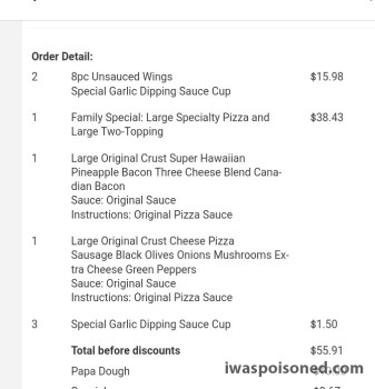 Verbraucherbewertung – Lebensmittelsicherheit Papa John's Pizza, South McKenzie Street, Foley, AL, USA chicken wings or pizza 3 of us within an ho... Foto #2