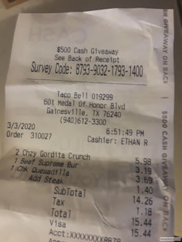 Consumer Review - Food Safety Taco Bell, Medal of Honor Boulevard, Gainesville, TX, USA Ordered 2 cheesy gordita crunch, one supre... photo #2