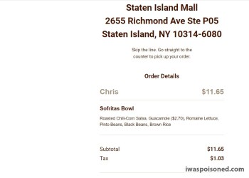 Consumer Review - Food Safety Chipotle Mexican Grill, Richmond Avenue, Staten Island, NY, USA I ate a veggie bowl with brown rice,... photo #1