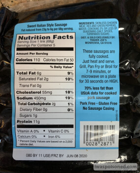 Consumer Review - Food Safety Trader Joe's, Ventura Boulevard, Studio City, CA, USA Sweet Italian Chicken Sausage Opened up a fres... photo #2