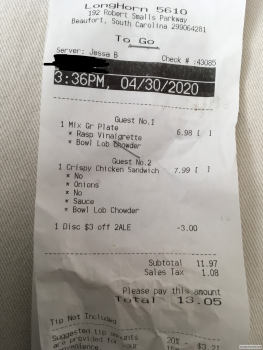 Consumer Review - Food Safety LongHorn Steakhouse - Curbside To Go Available, Robert Smalls Parkway, Beaufort, SC, USA Possibly le... photo #3