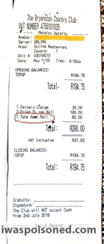 Avis du consommateur - Sécurité alimentaire The Bryanston Country Club, Bryanston Drive, Bryanston, Sandton, South Africa Tuna sushi My husband... photo #3