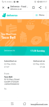 Consumer Review - Food Safety Taco Bell, St Mary's Street, Cardiff, UK I ordered a takeaway which came cold and have been puking u... photo #2