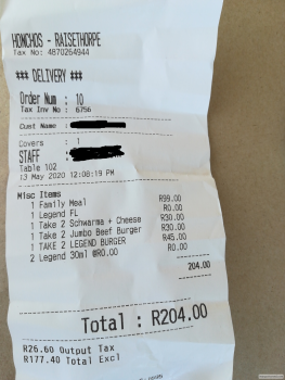 Avis du consommateur - Sécurité alimentaire Honchos, Dr. Chota Motala Road, Raisethorpe, Pietermaritzburg, South Africa 13 May 2020. Schawarma c... photo #3