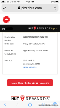 Avis du consommateur - Sécurité alimentaire Pizza Hut, South Street, Lakewood, CA, USA Large 3 Topping Pizza from there. I got it deal, a Large... photo #5