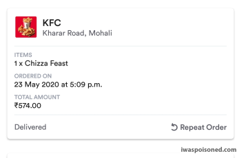 Consumer Review - Food Safety KFC, Chandigarh Road, Sunny Enclave, Kharar, Mohali, Punjab, India chizza i ordered yesterday from Z... photo #1