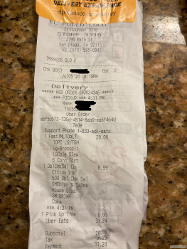 Consumer Review - Food Safety El Pollo Loco, Main St, San Diego, CA, USA it was delivered through Uber eats  I ordered that 10 pie... photo #2
