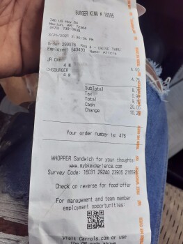 Consumer Review - Food Safety Burger King, U.S. 64, Marion, Arkansas, USA We were traveling and decided to stop here. 3/25/2021 It... photo #1