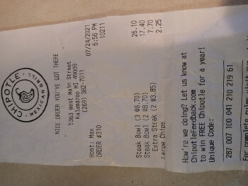 Consumer Review - Food Safety Chipotle Mexican Grill, 5363B West Main Street, Kalamazoo, MI, USA July 24 2021 6:56 bought 5 steak... photo #2