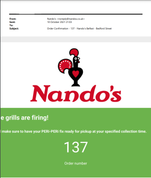 Consumer Review - Food Safety Nando's Belfast - Bedford Street, Ormeau Avenue, Centrepoint, Belfast, UK Ordered take away 15 choic... photo #3