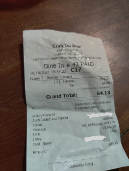 Consumer Review - Food Safety Seafood, Crab Du Jour Whitehall Cajun Seafood & Bar, South Tryon Street, Charlotte, NC, USA I went O... photo #2