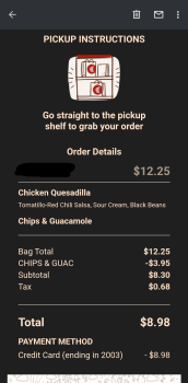 Consumer Review - Food Safety Chipotle Mexican Grill, New Center Point, Colorado Springs, CO, USA Chicken Quesadilla
Chips & Guac... photo #2