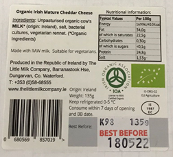 Food Recall The Little Milk Co. Organic Irish Cheddar-recalled due to high levels of histamine The FSAI announce... photo #2