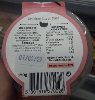 Retiro de alimentos Finders Foods Chicken Liver Pate - recalled due to incorrect use-by date The FSAI announced the reca... foto #2