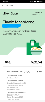 Consumer Review - Food Safety Blaze Pizza, 5604 Balboa Avenue, San Diego, CA, USA Food from here delivered from UberEATS I alone a... photo #2