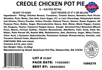 Food Recall GREAT AMERICAN Creole Style Chicken Pot Pie - recalled due to undeclared soy The FSIS announced the... photo #3