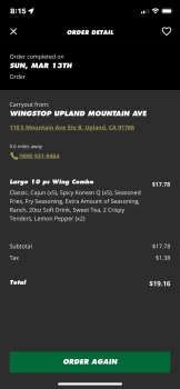 Consumer Review - Food Safety Wingstop, South Mountain Avenue, Upland, CA, USA My boyfriend & I ordered a ten piece combo. Cajun &... photo #2