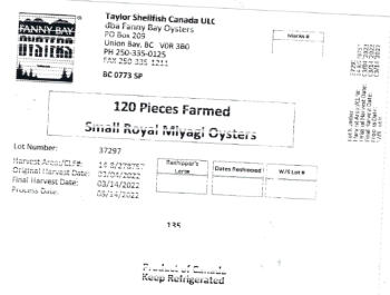 Food Recall Taylor Shellfish Canada ULC Oysters - recalled due to norovirus Taylor Shellfish Canada ULC dba Fann... photo #1