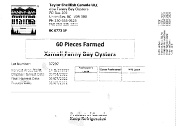 Food Recall Taylor Shellfish Canada ULC Oysters - recalled due to norovirus Taylor Shellfish Canada ULC dba Fann... photo #2