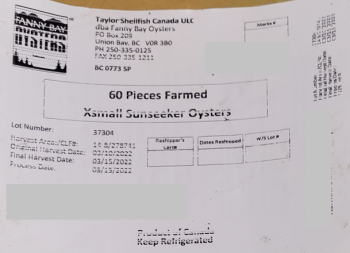 Food Recall Taylor Shellfish Canada ULC Oysters - recalled due to norovirus Taylor Shellfish Canada ULC dba Fann... photo #3
