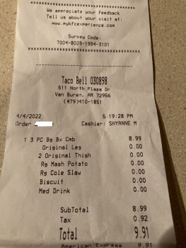 Consumer Review - Food Safety Taco Bell, 511 N Plaza Dr, Van Buren, AR 72956, USA Chicken thighs  71 years old, It happened on 4/4... photo #2