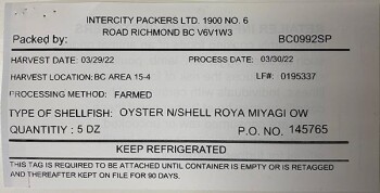 食品召回 Intercity Packers Ltd. Oyster N/Shell Royal Miyagi Ow - recalled due to Norovirus Intercity Packers... 照片 #2