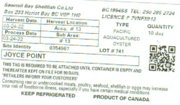 Food Recall Pacific Oysters - recalled due to norovirus Sawmill Bay Shellfish Co. Ltd. is recalling certain Paci... photo #1