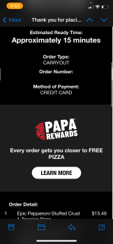 Consumer Review - Food Safety Papa Johns Pizza, 620 Saint Mary Street, Thibodaux, LA, USA Ate half of a pepperoni stuffed crust pi... photo #2