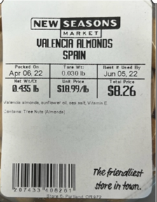 Food Recall New Seasons Market LLC Valencia Almonds - recalled due to undeclared peanuts New Seasons Market LLC... photo #2