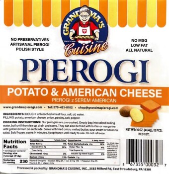 Food Recall Grandma’s Cuisine Cheese-filled Pierogis  - recalled due to undeclared milk Dymski Pierogies dba Gra... photo #17