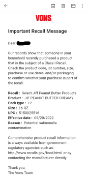 Consumer Review - Food Safety Jif,  Vons, West Main Street, Brawley, CA, USA After eating Jif and smuckers snack sandwiches we suf... photo #4