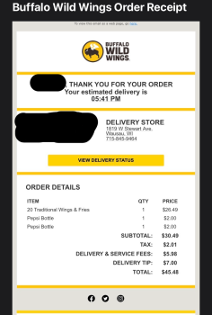 Verbraucherbewertung – Lebensmittelsicherheit Buffalo Wild Wings, Stewart Avenue, Wausau, WI, USA I ate bone in chicken wings (salt and vinegar) o... Foto #2