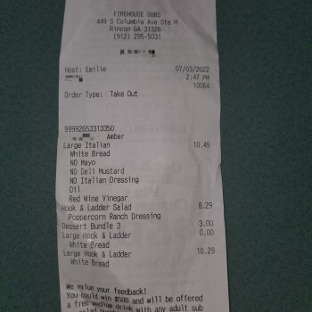 Consumer Review - Food Safety Firehouse Subs Rincon Marketplace, South Columbia Avenue, Rincon, GA, USA Yesterday, their sub photo #1