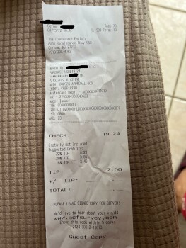 Consumer Review - Food Safety The Cheesecake Factory, Renaissance Parkway, Durham, NC, USA July 13,2022,  Diarrhea and upset stoma... photo #2