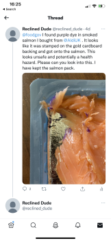 消费者食品安全报告 ALDI, Camden High Street, London, UK 18th June 2022,  Smoked salmon from there- it had dye stains on... 照片 #2