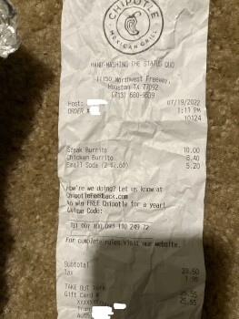 Consumer Review - Food Safety Chipotle Mexican Grill, 11150 Northwest Freeway, Houston, TX, USA The steak burrito and the chicken... photo #2