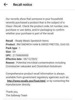 Consumer Review - Food Safety Safeway, George Washington Way, Richland, WA, USA August 12 to now,  Recalled Deli Sandwiches I rece... photo #2