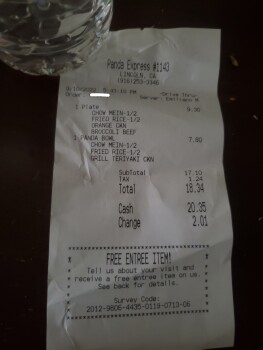 Consumer Review - Food Safety Panda Express, 105 Ferrari Ranch Rd, Lincoln, CA 95648, USA The food I'm still feeling side effects... photo #2
