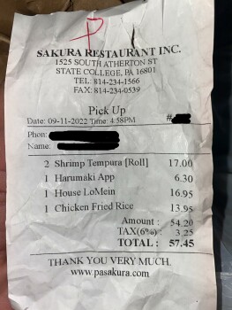 Consumer Review - Food Safety Sakura, South Atherton Street, State College, PA, USA /Went to the business around 5pm on 9/11/2022... photo #3