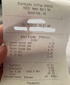 Consumer Review - Food Safety Starbucks, West Bell Road, Surprise, AZ, USA Today,  I ordered a bacon Gouda sandwich and an iced pu... photo #2