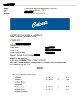 Consumer Review - Food Safety Culver's, South Cicero Avenue, Crestwood, IL, USA I ordered a Butter burger no bun, and a side of co... photo #2