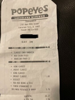 Consumer Review - Food Safety Popeyes Louisiana Kitchen, West 95th Street, Evergreen Park, IL, USA Last night,  The chicken and re... photo #1